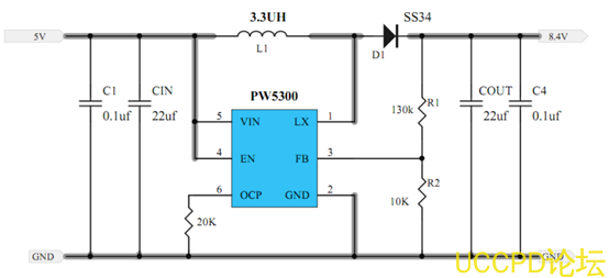 f_a5c630fb99ebe77f1f3eb7fce944dc05.png 5V陞壓8.4V,5V轉8.4芯片電路圖