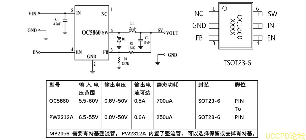 OC5860降压芯片，PW2312A脚位一样，节省肖特基规格书