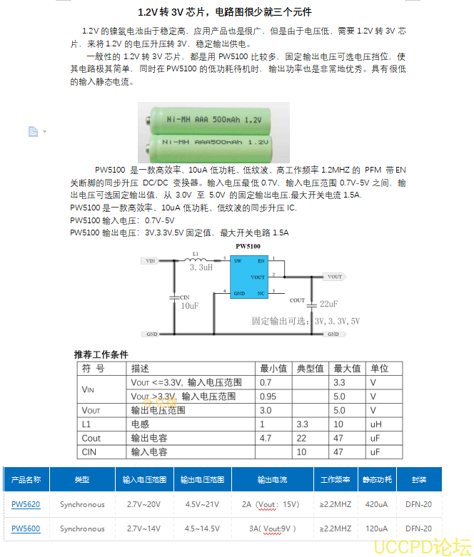 PW5100 是一款高效率、10uA低功耗、低纹波、高工作频率1.2MHZ的 PFM 带EN关断脚的同步升压 DC/DC 变换器