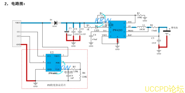 快充 PD 输入单节锂电池 2A 充电管理芯片方案 PCB 5号板 输入电压5V-12V