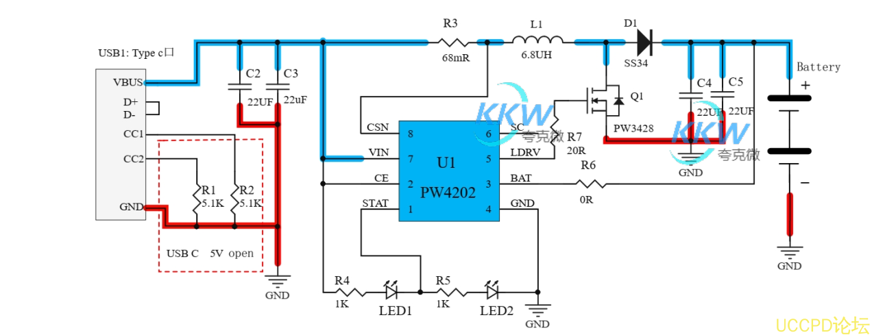 USB C 口 5V 输入,两节串联锂电池充电管理板 8.4V 1A， 26号 PW4202