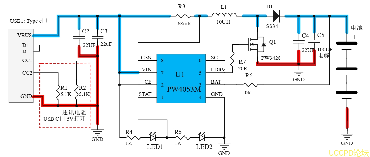 36号板 USB C 口 5V 输入, 12.6V 三节串联锂电池充电管理板， PW4053M芯片 