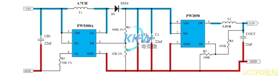 64号 2.5V-4.5V 升降压 3.3V1A 恒压输出电路板  PW5300A,PW2051