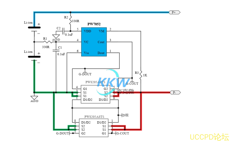 f_7bd33e76e85ff5343dbb6e50cda98d9f.png PW7052  兩節串聯鋰電池保護方案闆, 4A 過流,  80號