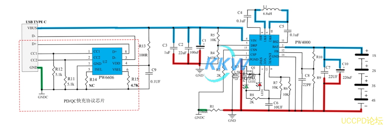 PD 和 QC 快充充電器 2A 給四節磷痠鐵鋰電池充電芯片方案 PW4000 139號