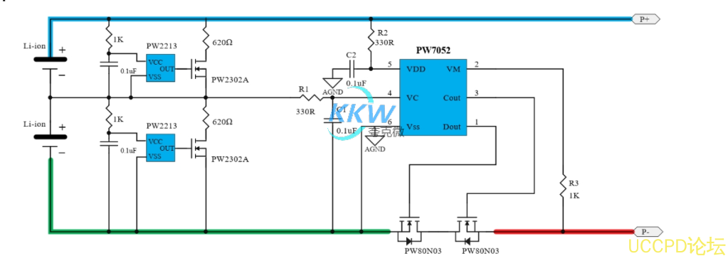 142號兩節串聯鋰電池保護方案闆， 6A 過流，帶電池均衡