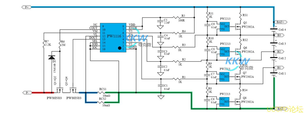 f_eb2cb9efb5a459bee475a9fc9fb6aae5.png 143號四節串聯鋰電池保護方案闆, 20A 過流,帶電池均衡電路